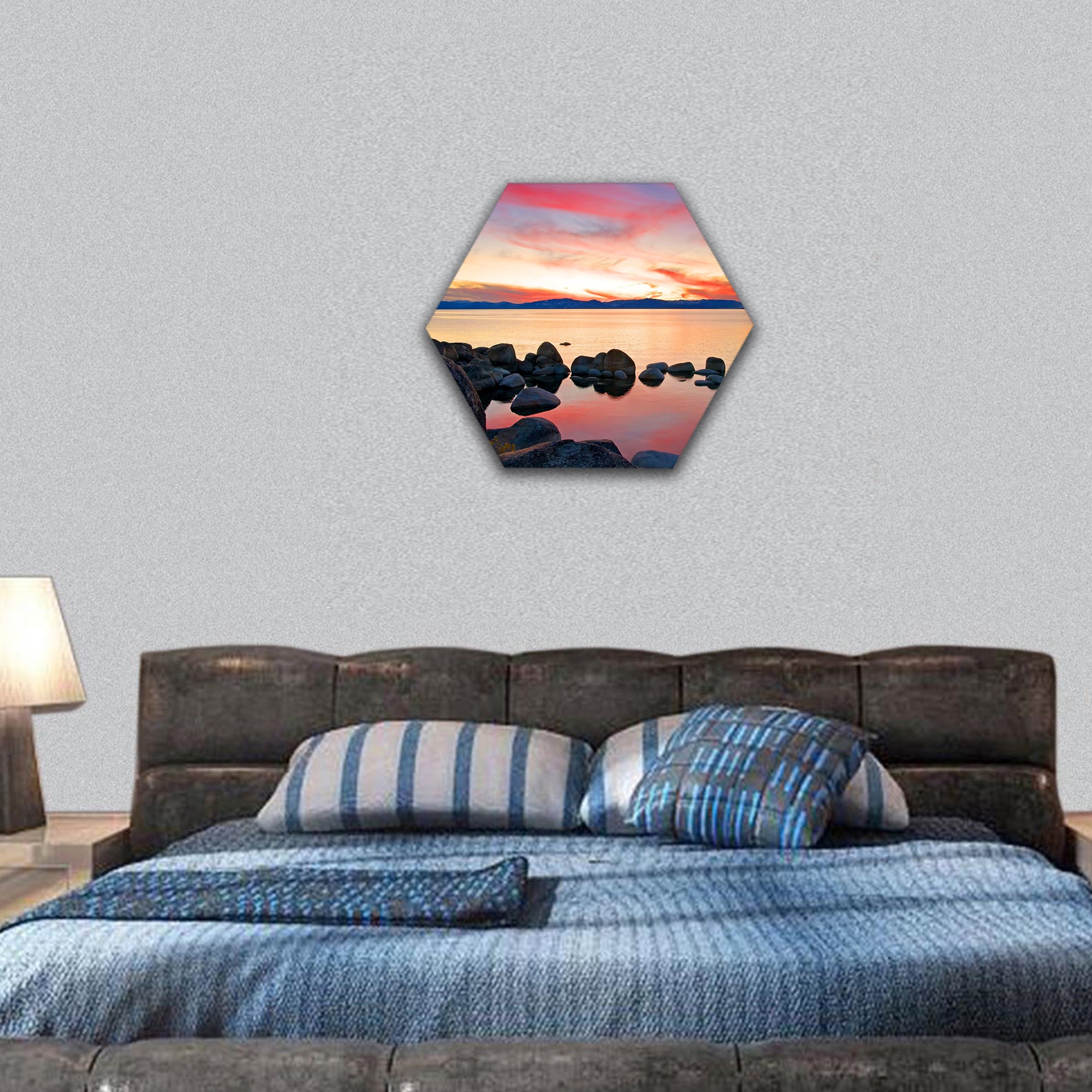 Lake Tahoe after sunset hexagonal canvas wall art