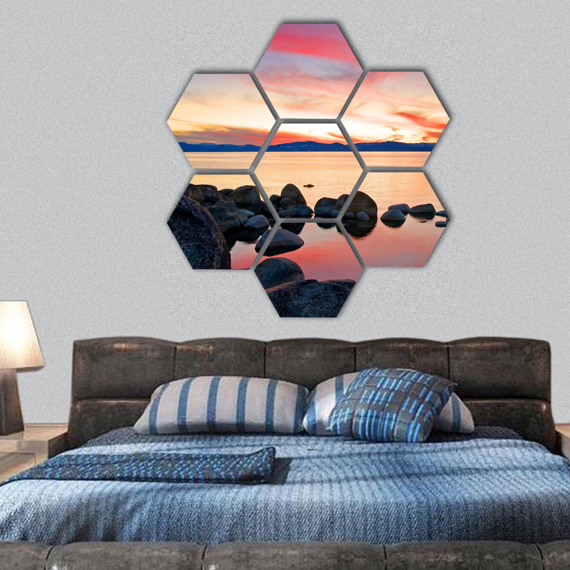 Lake Tahoe after sunset hexagonal canvas wall art