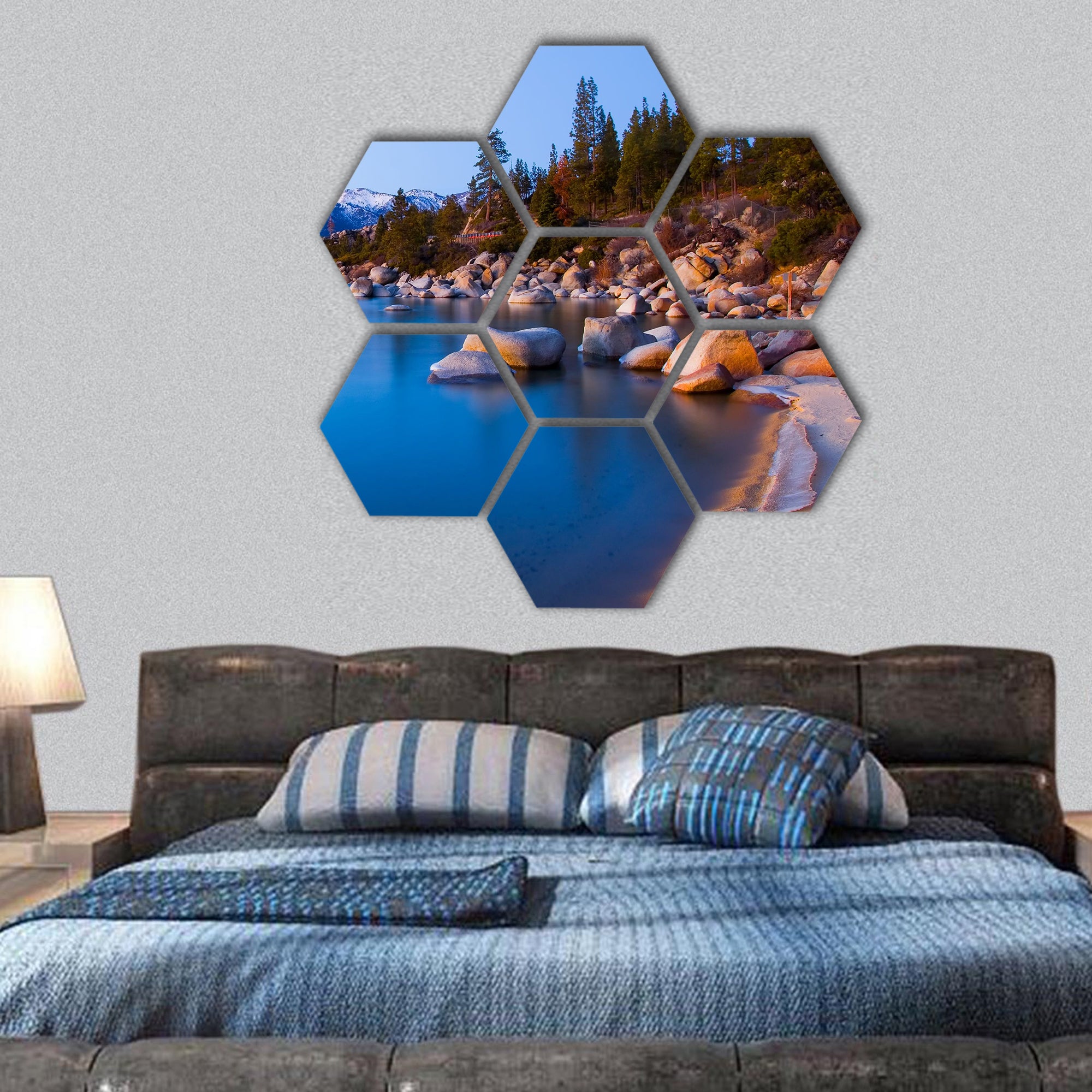 Lake Tahoe after sunset hexagonal canvas wall art