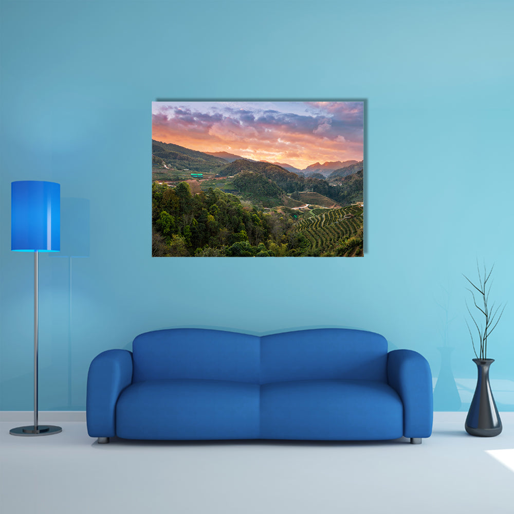 Wonderful sky of tea plantation in Doi Angkhang, Chiang Mai, Thailand multi panel canvas wall art