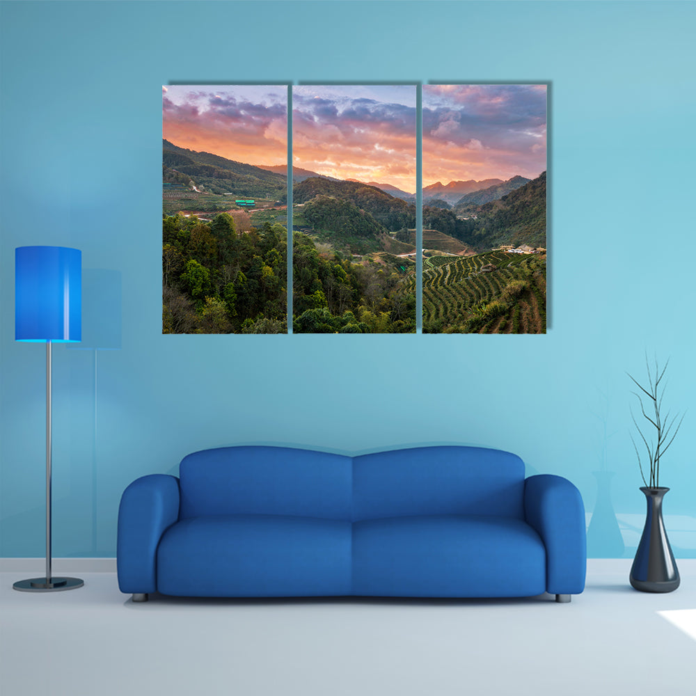 Wonderful sky of tea plantation in Doi Angkhang, Chiang Mai, Thailand multi panel canvas wall art