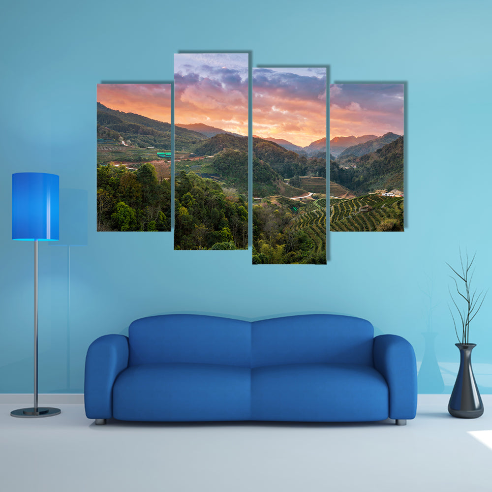 Wonderful sky of tea plantation in Doi Angkhang, Chiang Mai, Thailand multi panel canvas wall art