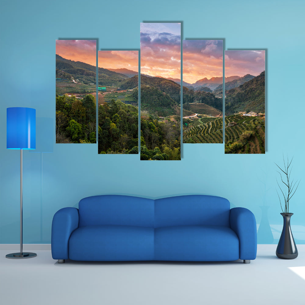 Wonderful sky of tea plantation in Doi Angkhang, Chiang Mai, Thailand multi panel canvas wall art