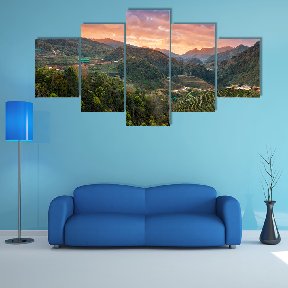 Wonderful sky of tea plantation in Doi Angkhang, Chiang Mai, Thailand multi panel canvas wall art