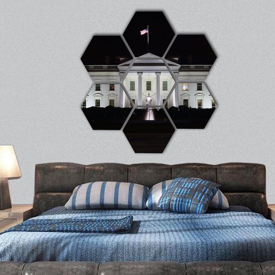 White House in Washington DC at night hexagonal canvas wall art
