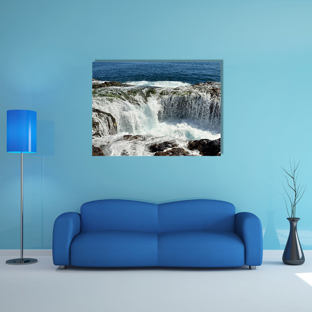 Spontaneous waterfall in natural pool at high tide, coast of Telde multi panel canvas wall art