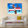 Dominican Republic flag sign with arrow on beach Multi Panel Canvas Wall Art