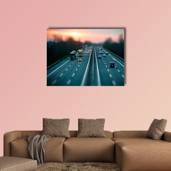 Traffic on highway, tilt shift effected photo multi panel canvas wall art