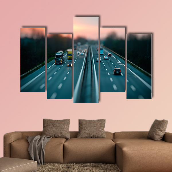 Traffic on highway, tilt shift effected photo multi panel canvas wall art