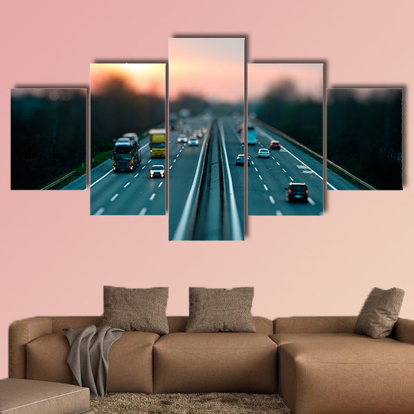 Traffic on highway, tilt shift effected photo multi panel canvas wall art