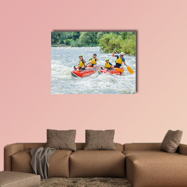 Happy family of four river rafting on the catamaran Multi panel canvas wall art
