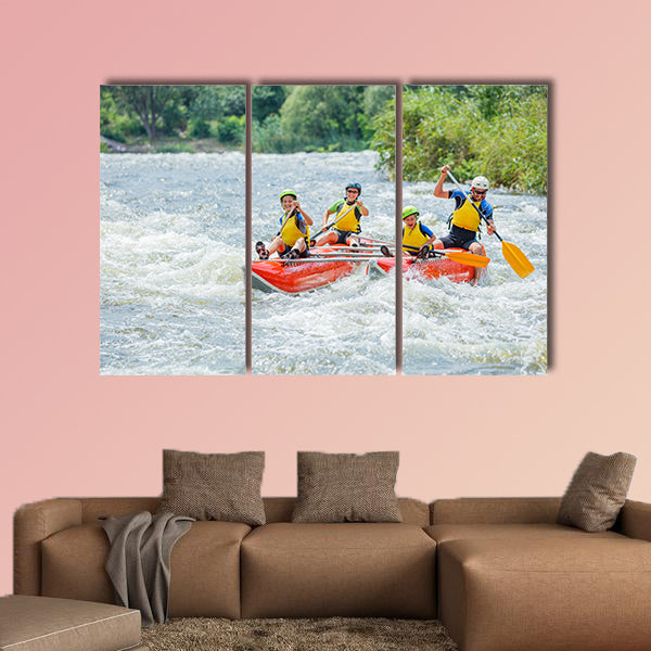 Happy family of four river rafting on the catamaran Multi panel canvas wall art