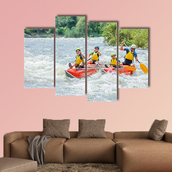 Happy family of four river rafting on the catamaran Multi panel canvas wall art