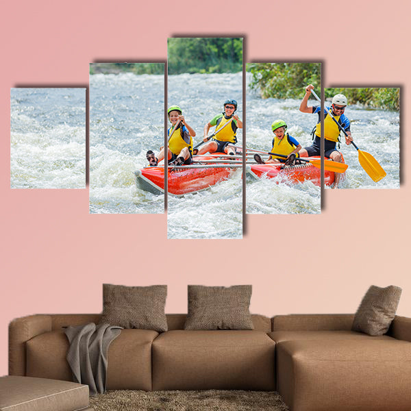 Happy family of four river rafting on the catamaran Multi panel canvas wall art