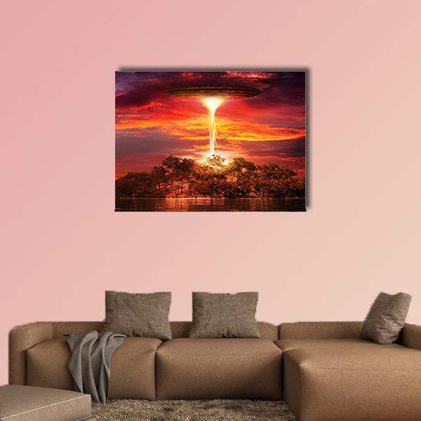Scene with UFO floating over the island multi panel canvas wall art