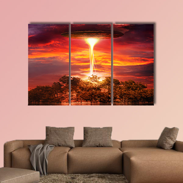 Scene with UFO floating over the island multi panel canvas wall art