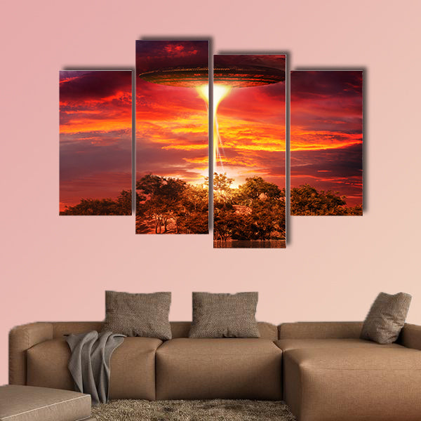 Scene with UFO floating over the island multi panel canvas wall art