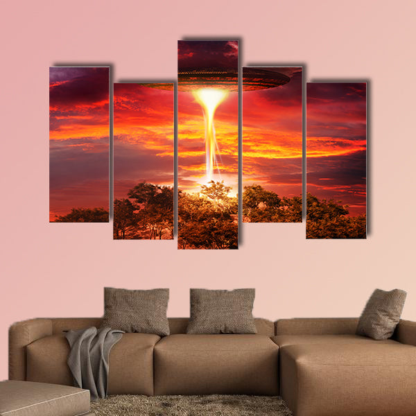 Scene with UFO floating over the island multi panel canvas wall art