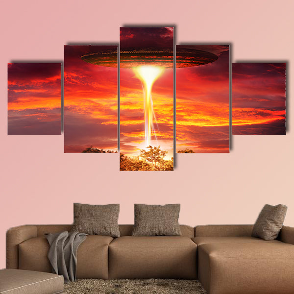Scene with UFO floating over the island multi panel canvas wall art