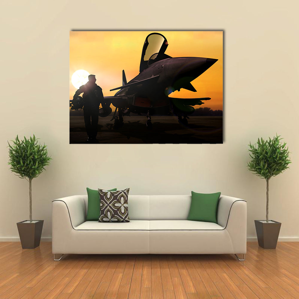 A Military Pilot With Aircraft Multi Panel Canvas Wall Art