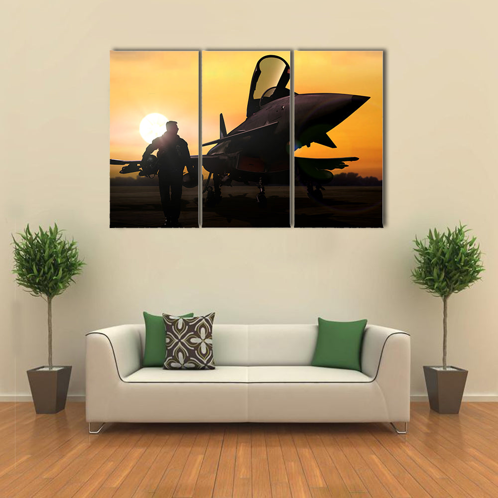 A Military Pilot With Aircraft Multi Panel Canvas Wall Art