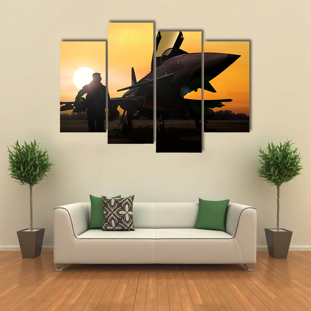 A Military Pilot With Aircraft Multi Panel Canvas Wall Art