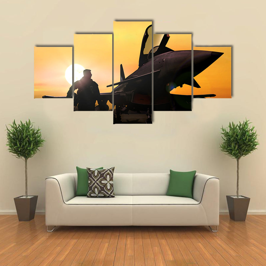 A Military Pilot With Aircraft Multi Panel Canvas Wall Art
