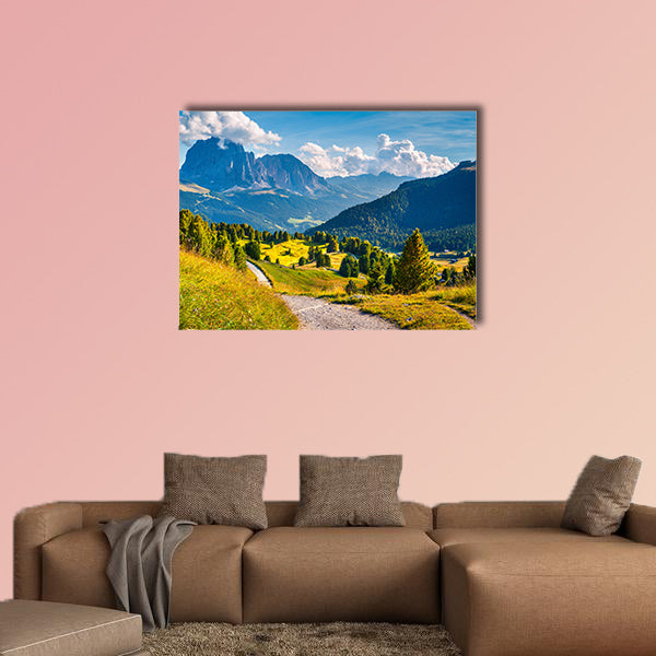 Sunny summer scene in the valley Gardena with gorgeous wall art