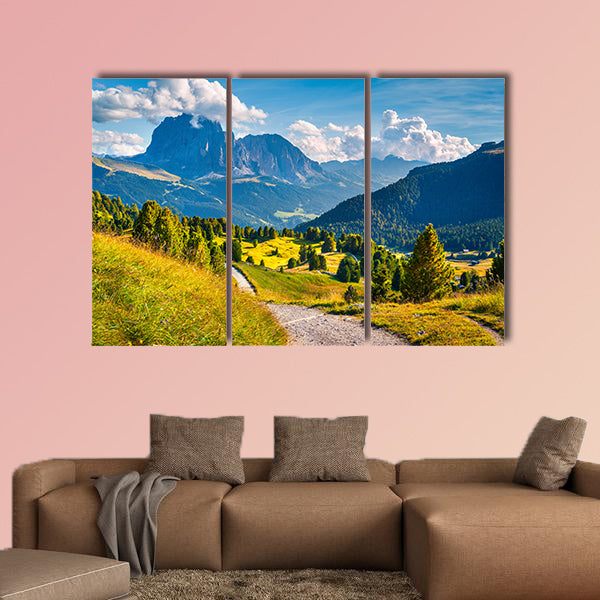 Sunny summer scene in the valley Gardena with gorgeous wall art