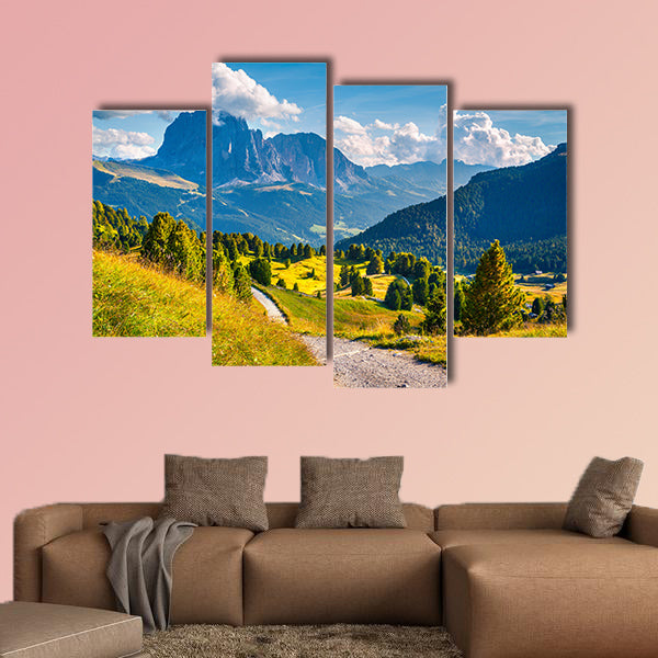 Sunny summer scene in the valley Gardena with gorgeous wall art