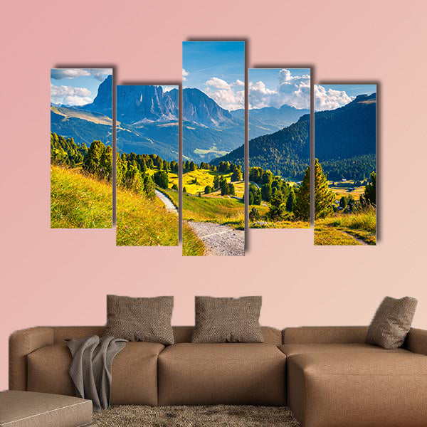Sunny summer scene in the valley Gardena with gorgeous wall art