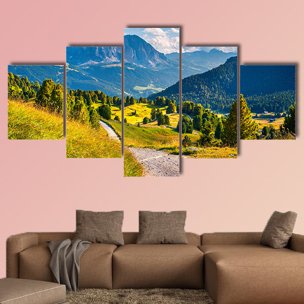 Sunny summer scene in the valley Gardena with gorgeous wall art