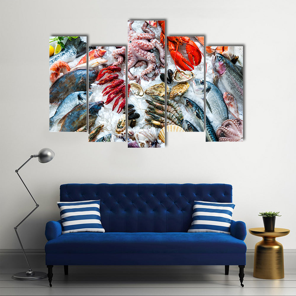 Seafood on ice at the fish market Multi panel canvas wall art