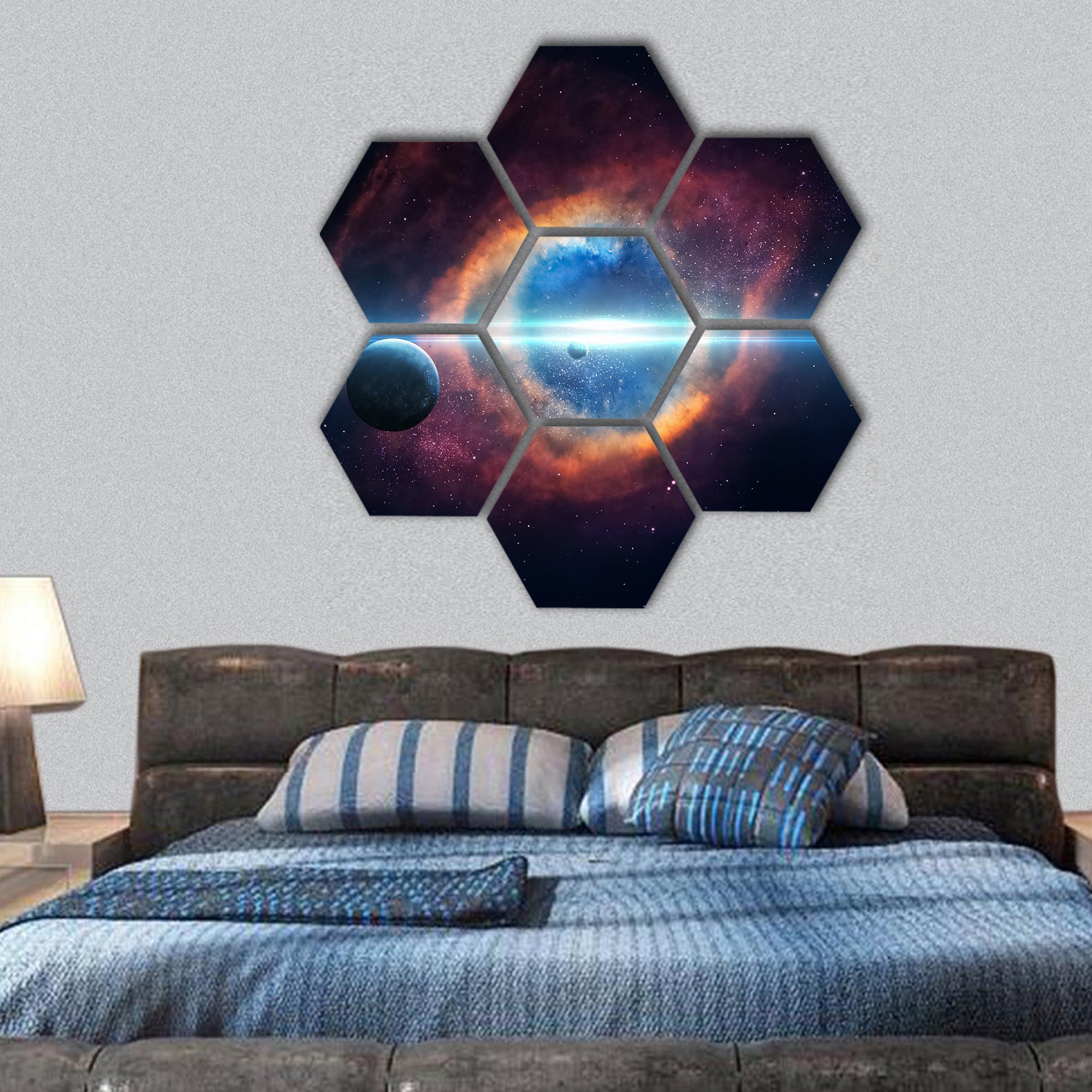 Universe scene with planets, stars and galaxies hexagonal canvas wall art