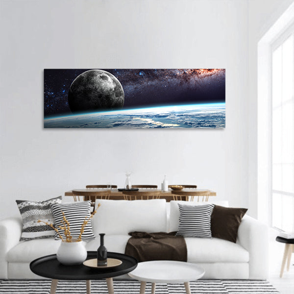 Earth,moon and star panoramic canvas wall art