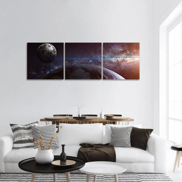 Earth, moon and star panoramic canvas wall art
