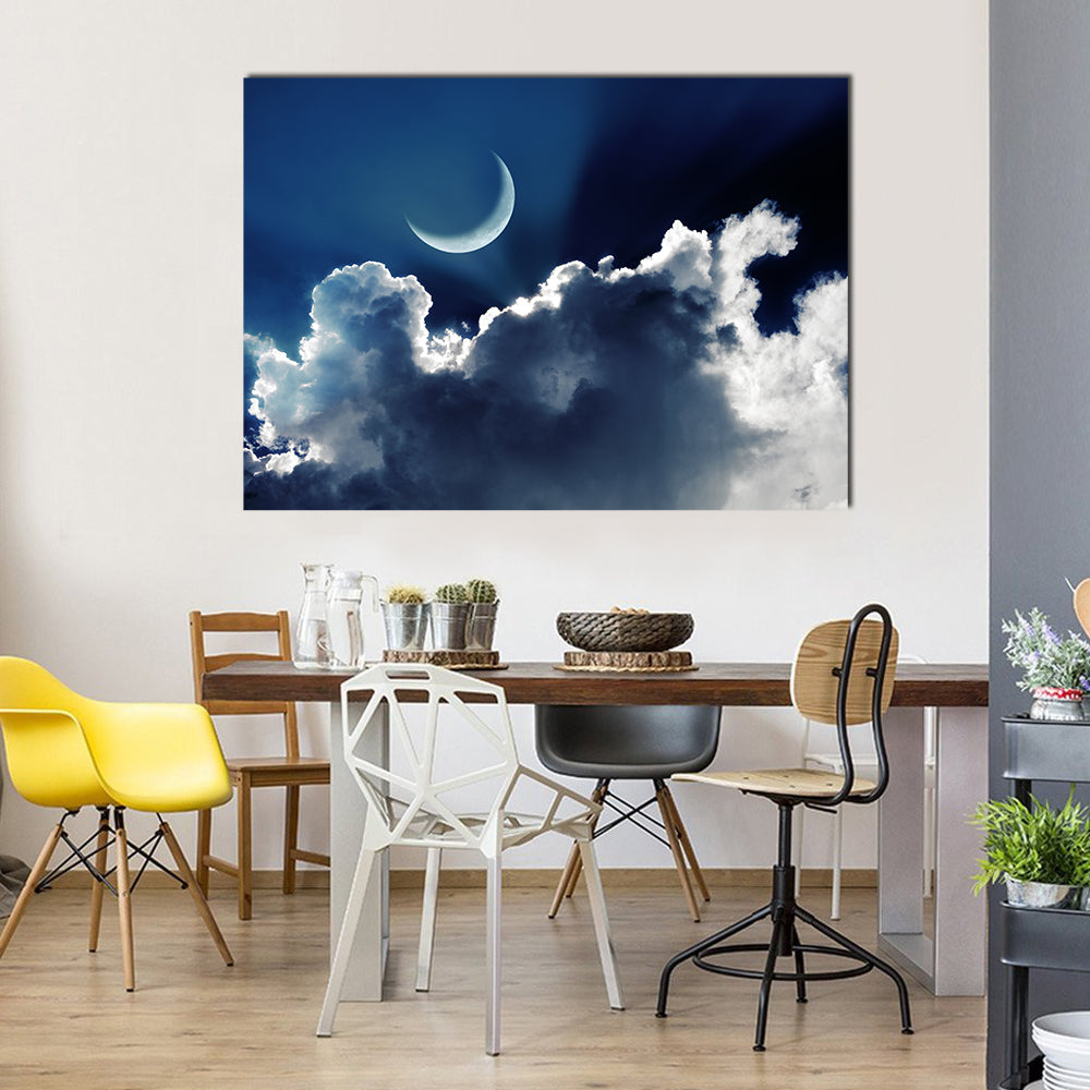 Crescent Moon With Glowing Clouds On Night Sky Multi Panel Canvas Wall Art