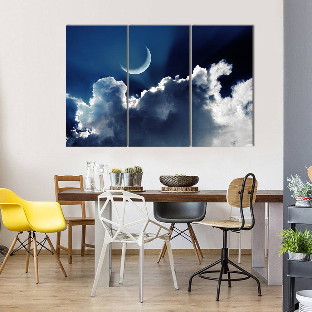 Crescent Moon With Glowing Clouds On Night Sky Multi Panel Canvas Wall Art