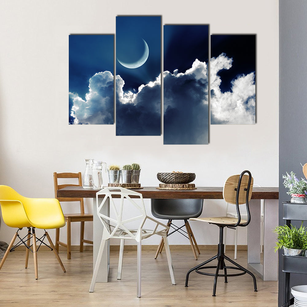 Crescent Moon With Glowing Clouds On Night Sky Multi Panel Canvas Wall Art