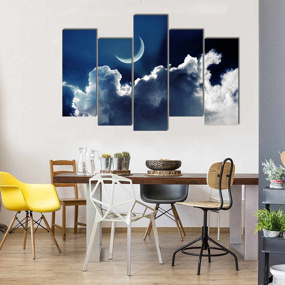 Crescent Moon With Glowing Clouds On Night Sky Multi Panel Canvas Wall Art