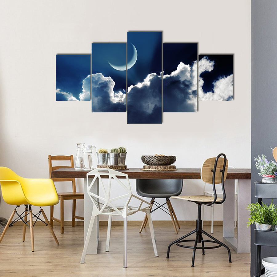 Crescent Moon With Glowing Clouds On Night Sky Multi Panel Canvas Wall Art