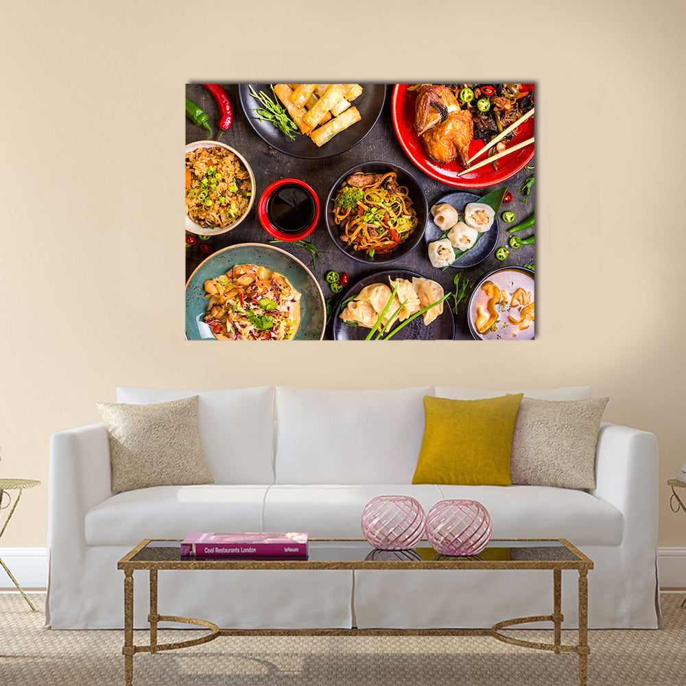 Assorted Chinese food set Chinese noodles fried rice dumplings duck Multi panel canvas wall art