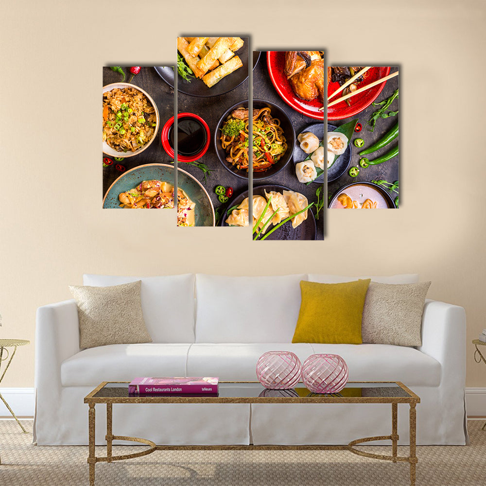 Assorted Chinese food set Chinese noodles fried rice dumplings duck Multi panel canvas wall art