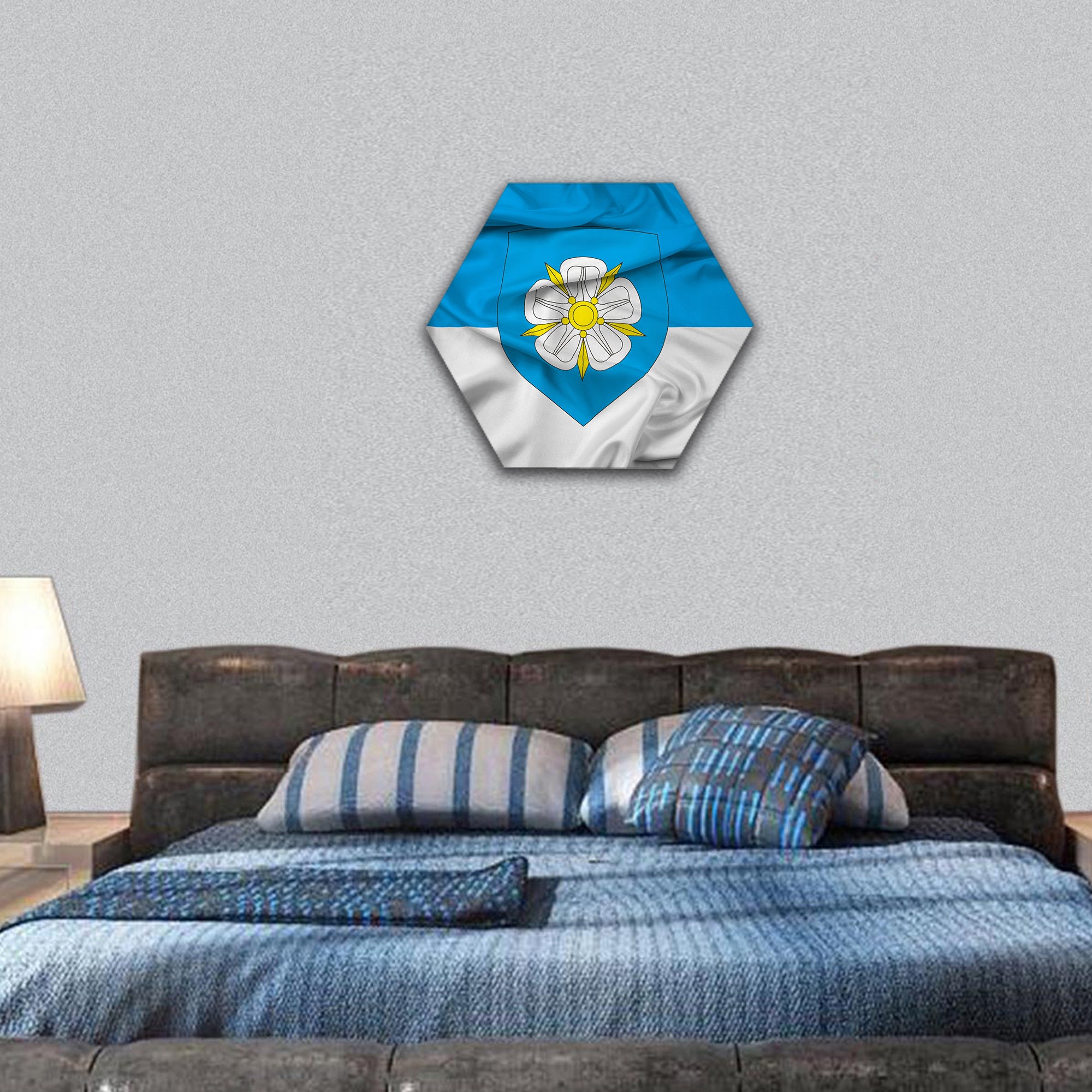 Waving Flag of Viljandi with Coat of Arms, Estonia hexagonal canvas wall art