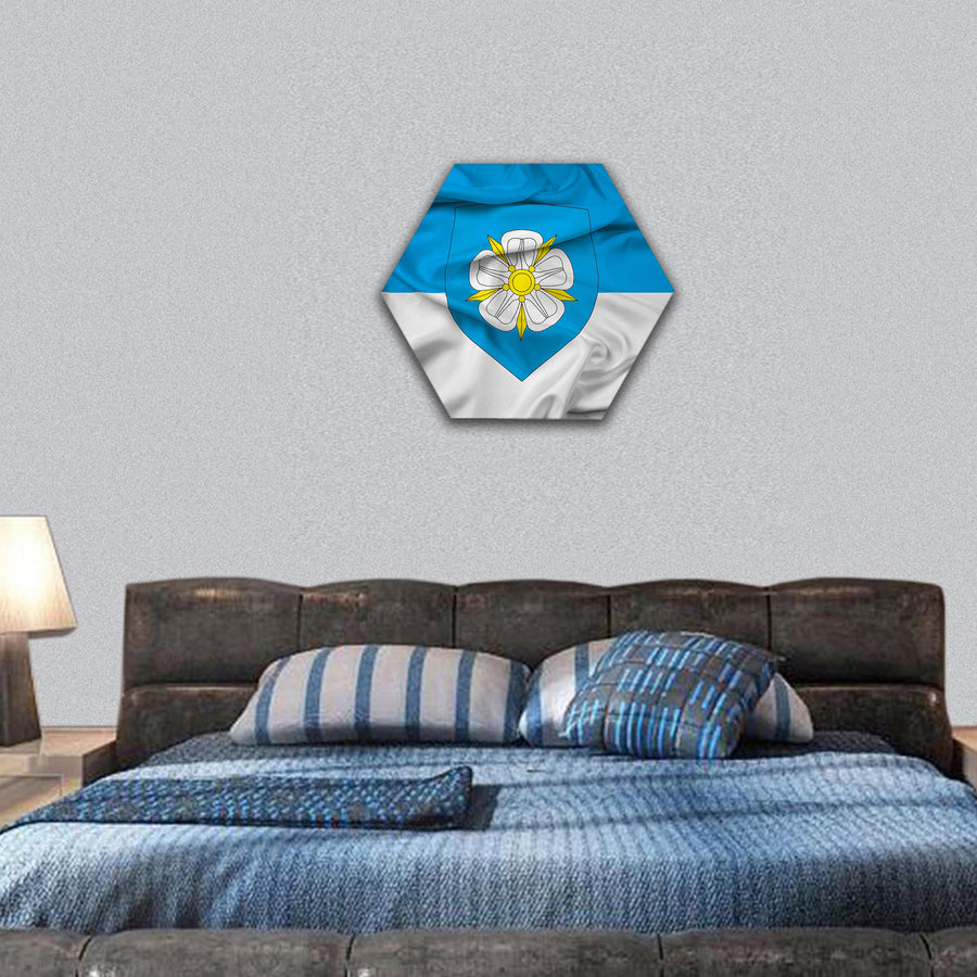 Waving Flag of Viljandi with Coat of Arms, Estonia hexagonal canvas wall art