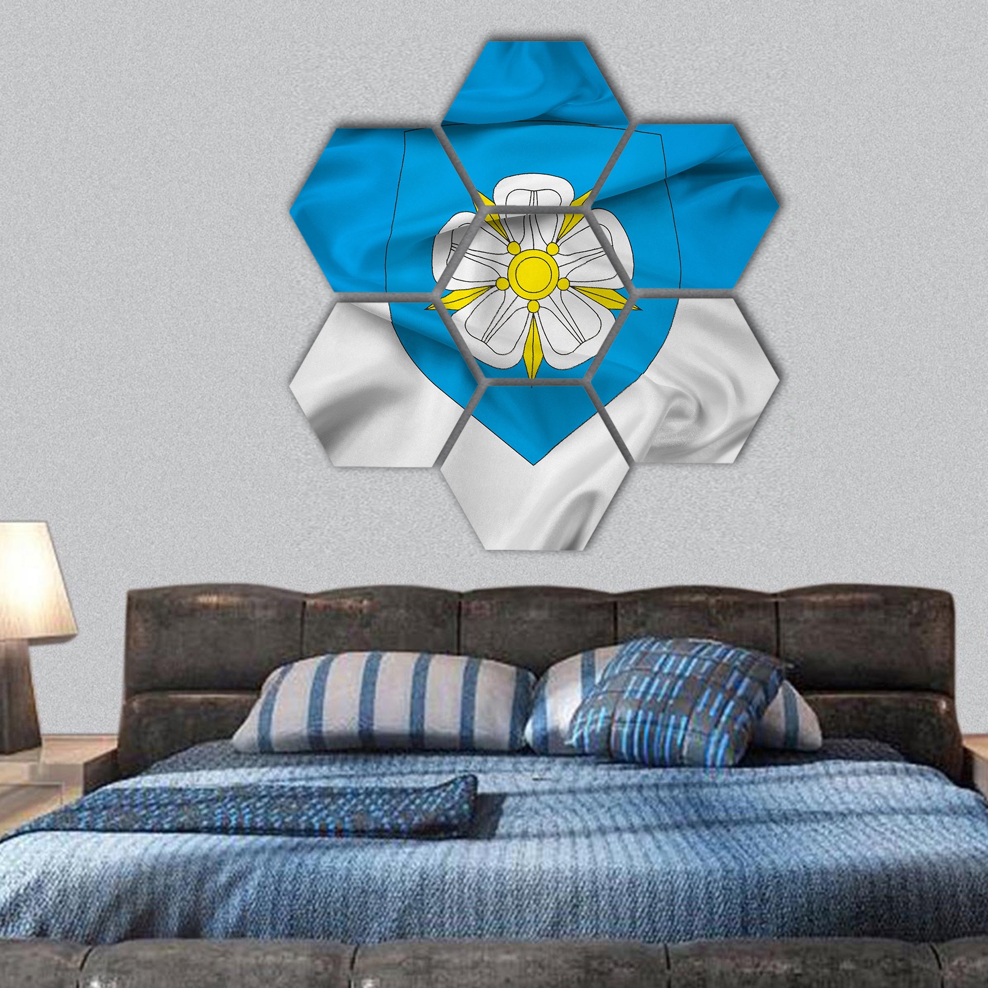 Waving Flag of Viljandi with Coat of Arms, Estonia hexagonal canvas wall art