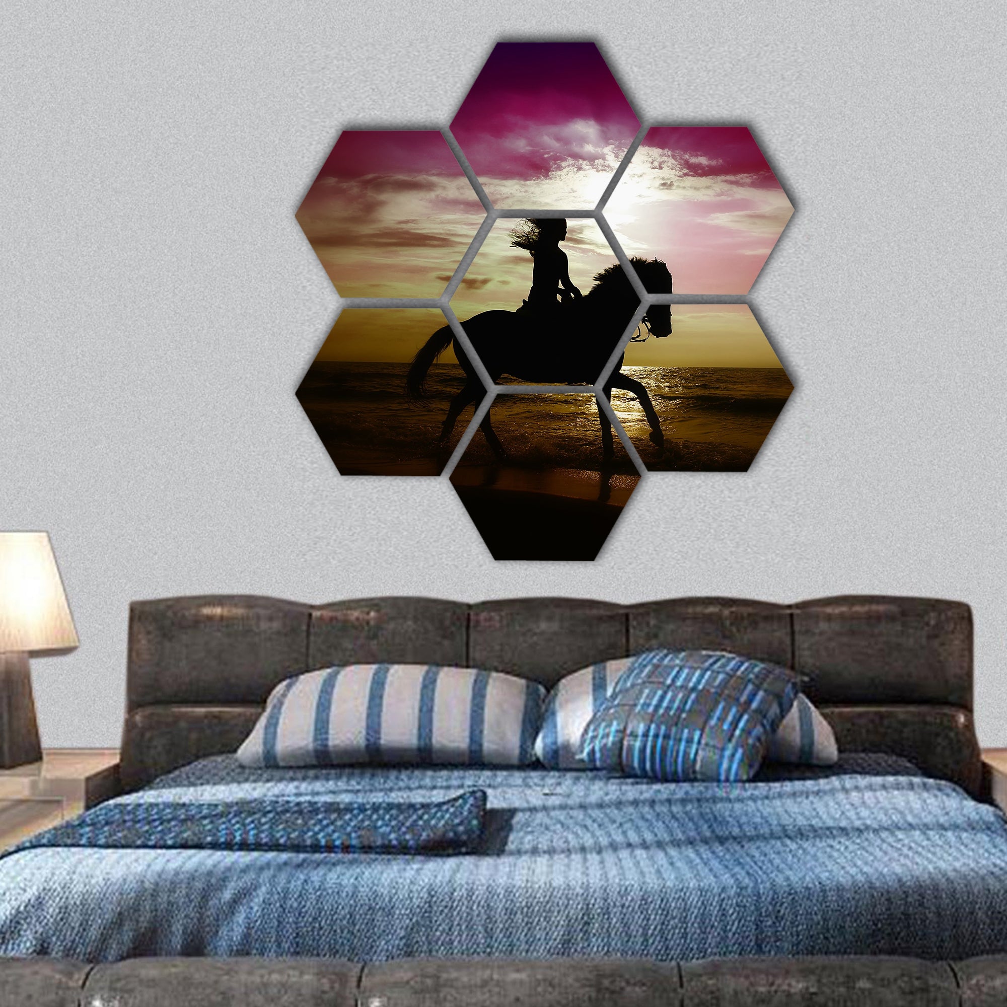 Girl riding a horse on the beach at sun set time hexagonal canvas wall art
