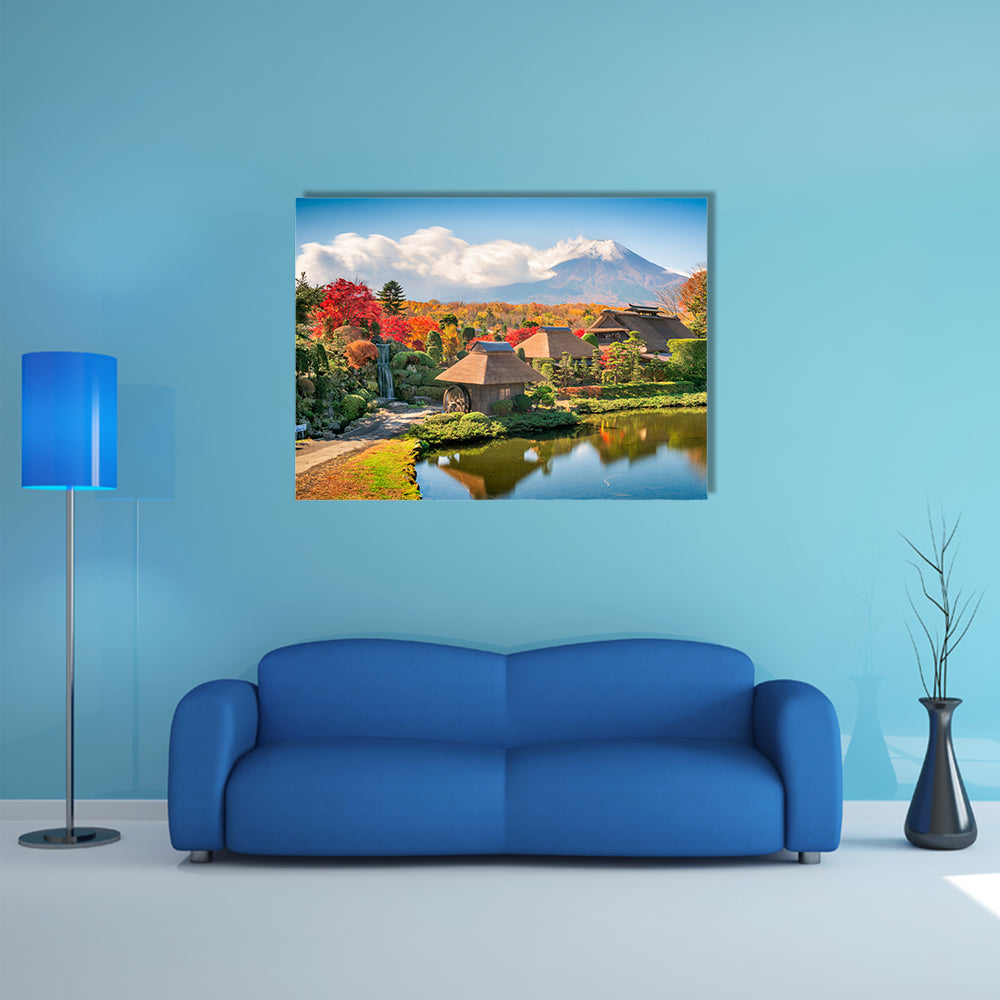 Oshino, Japan historic thatch roof farmhouses with Mt. Fuji multi panel canvas wall art