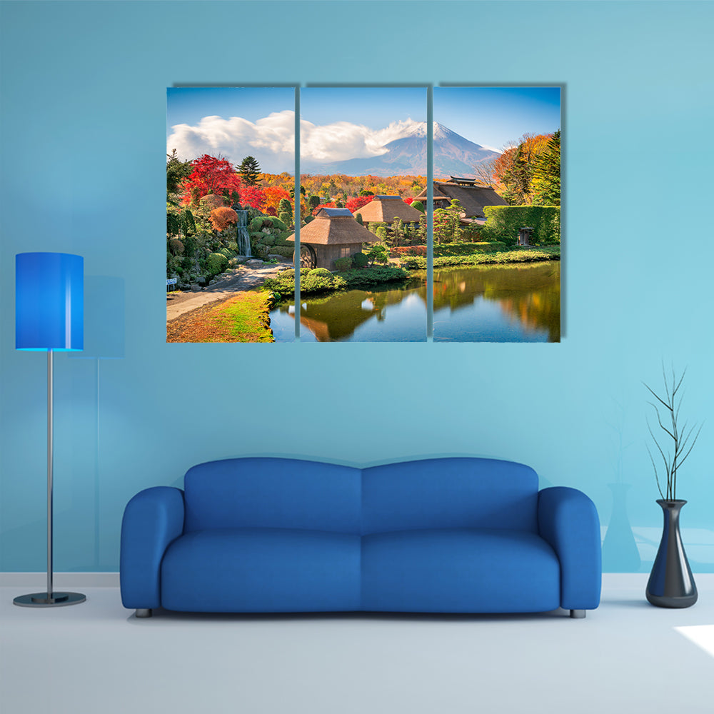 Oshino, Japan historic thatch roof farmhouses with Mt. Fuji multi panel canvas wall art