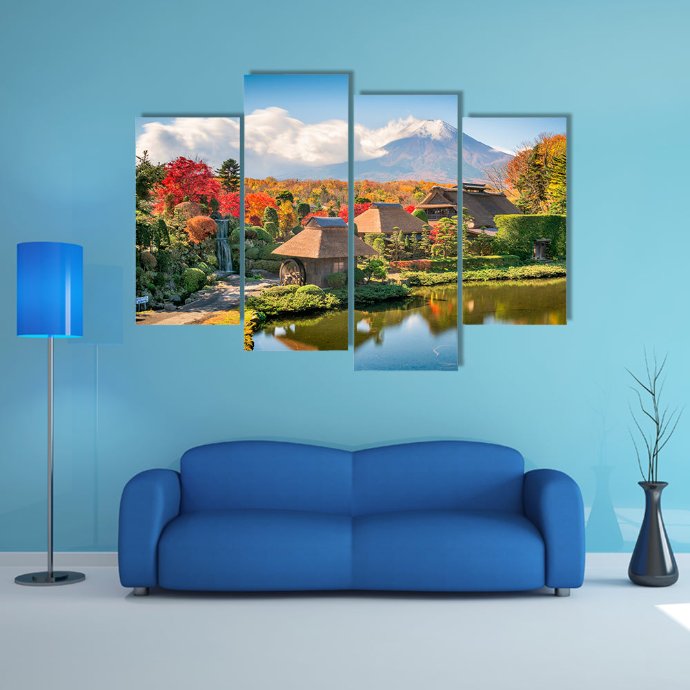 Oshino, Japan historic thatch roof farmhouses with Mt. Fuji multi panel canvas wall art